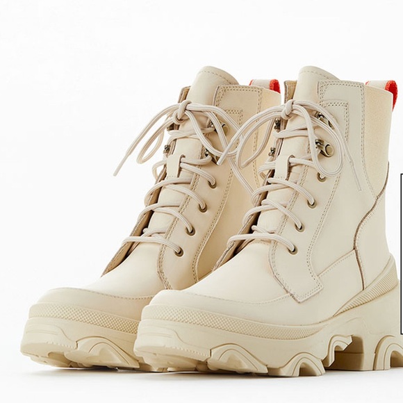 Sorel Shoes - $225 Sorel Brex Waterproof Boot Lace Up Cream Orange Combat Chunky Lug Sole Boot